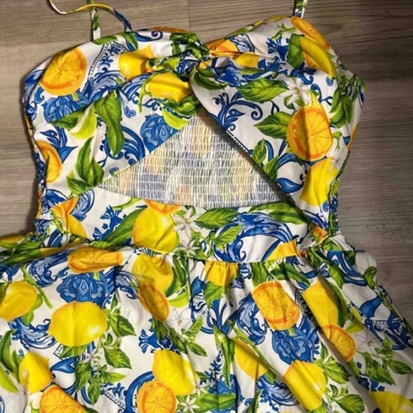 Boho Lemon Print Bandeau Smocked Cut Out Cami Tank Top Midi Dress Yellow - Picture 6 of 6